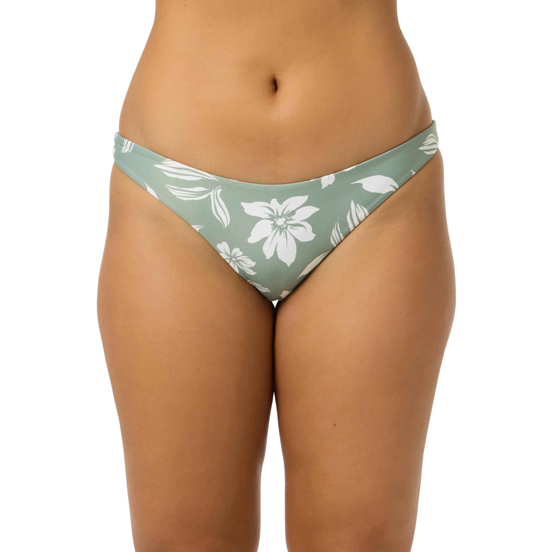 A model wearing a bikini bottom with a sage green and white floral print, shown from the waist to the upper thighs against a plain white background.