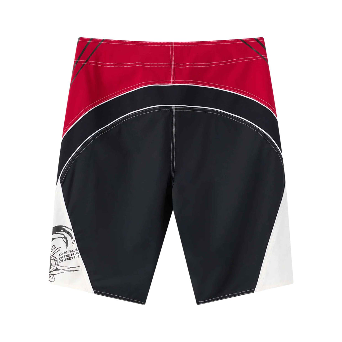 Colorblock board shorts with a red upper section, a wide black middle section, white side panels, and a black graphic print on the lower left leg, shown against a plain white background.