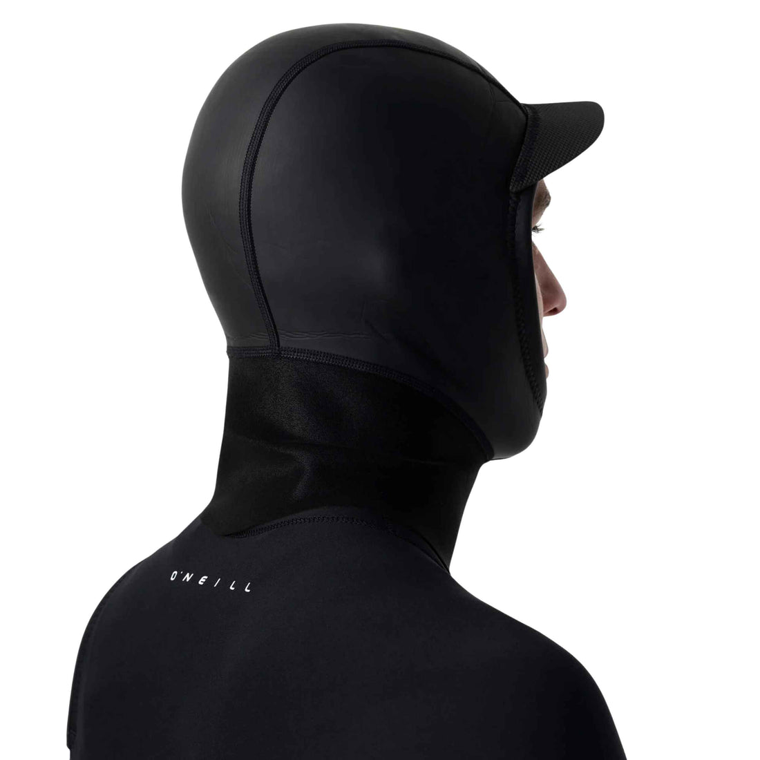 A black neoprene wetsuit hood with a built-in visor, shown on a model from a side profile view against a white background. The brand name 'O'Neill' is printed in white on the upper left shoulder.