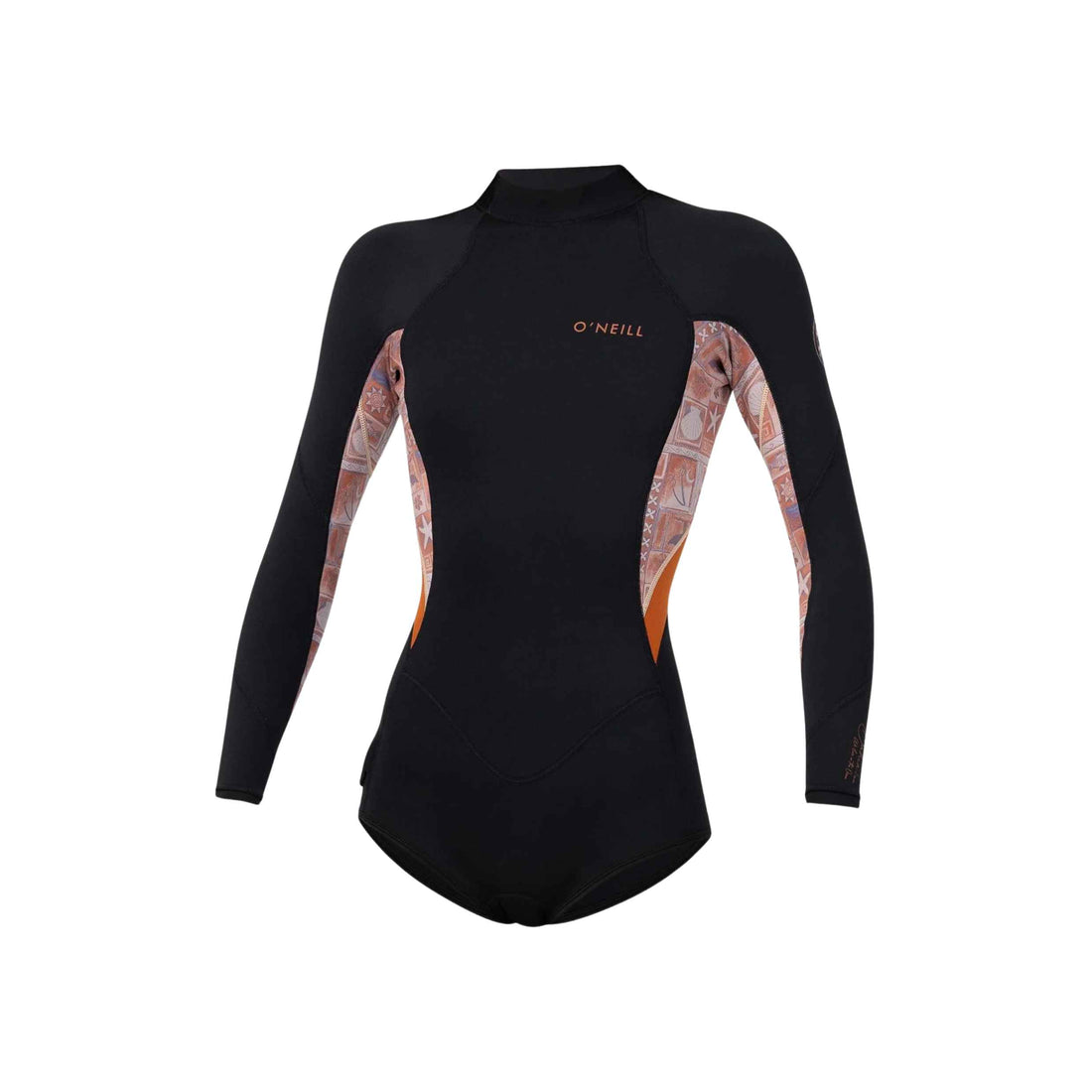 O'Neill Women's Bahia 2mm Long Sleeve Mid Spring in Tangerine Tile with UltraFlex DS neoprene and recycled jersey, available at Freeride Surf & Skate NZ.