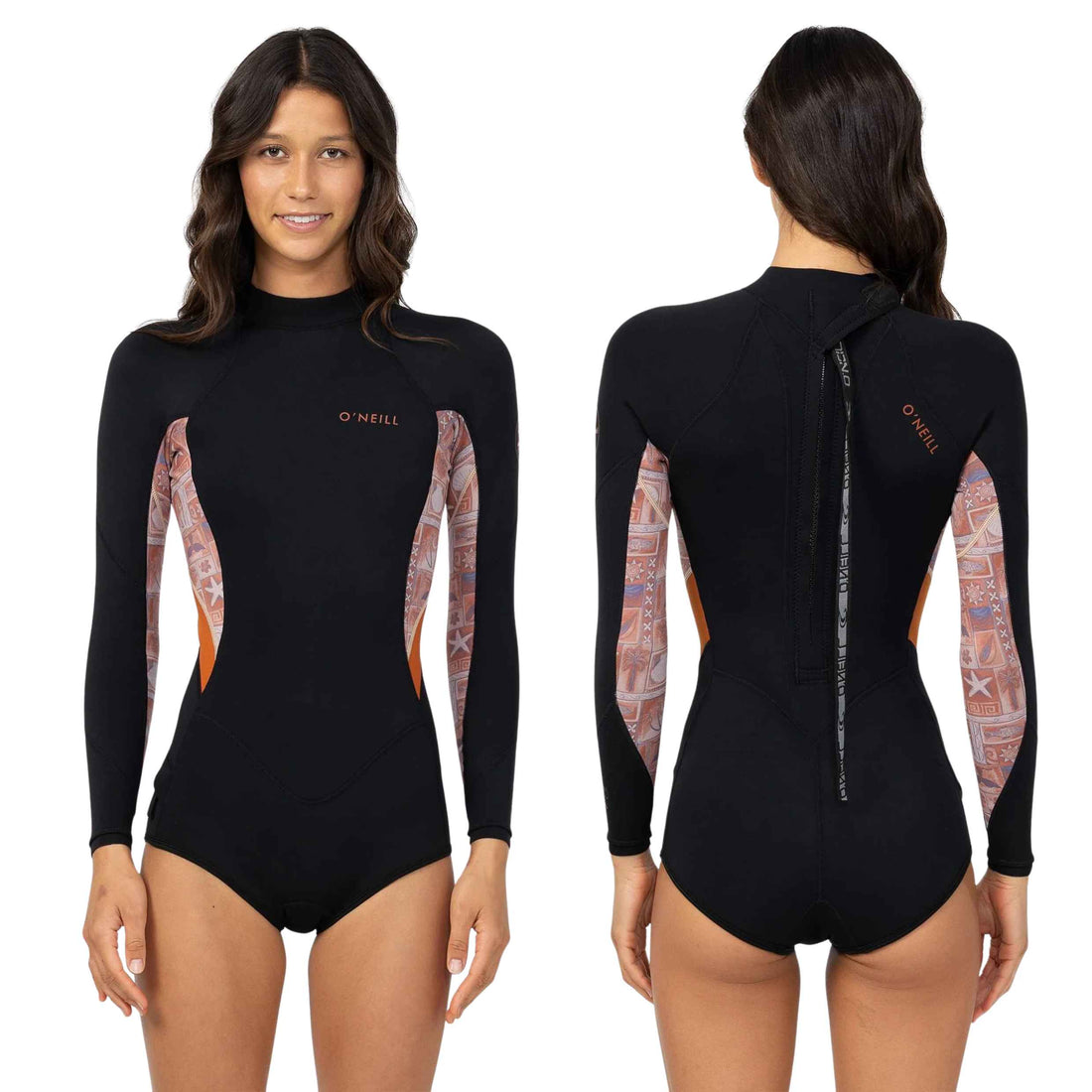 O'Neill Women's Bahia 2mm Long Sleeve Mid Spring in Tangerine Tile with UltraFlex DS neoprene and recycled jersey, available at Freeride Surf & Skate NZ.