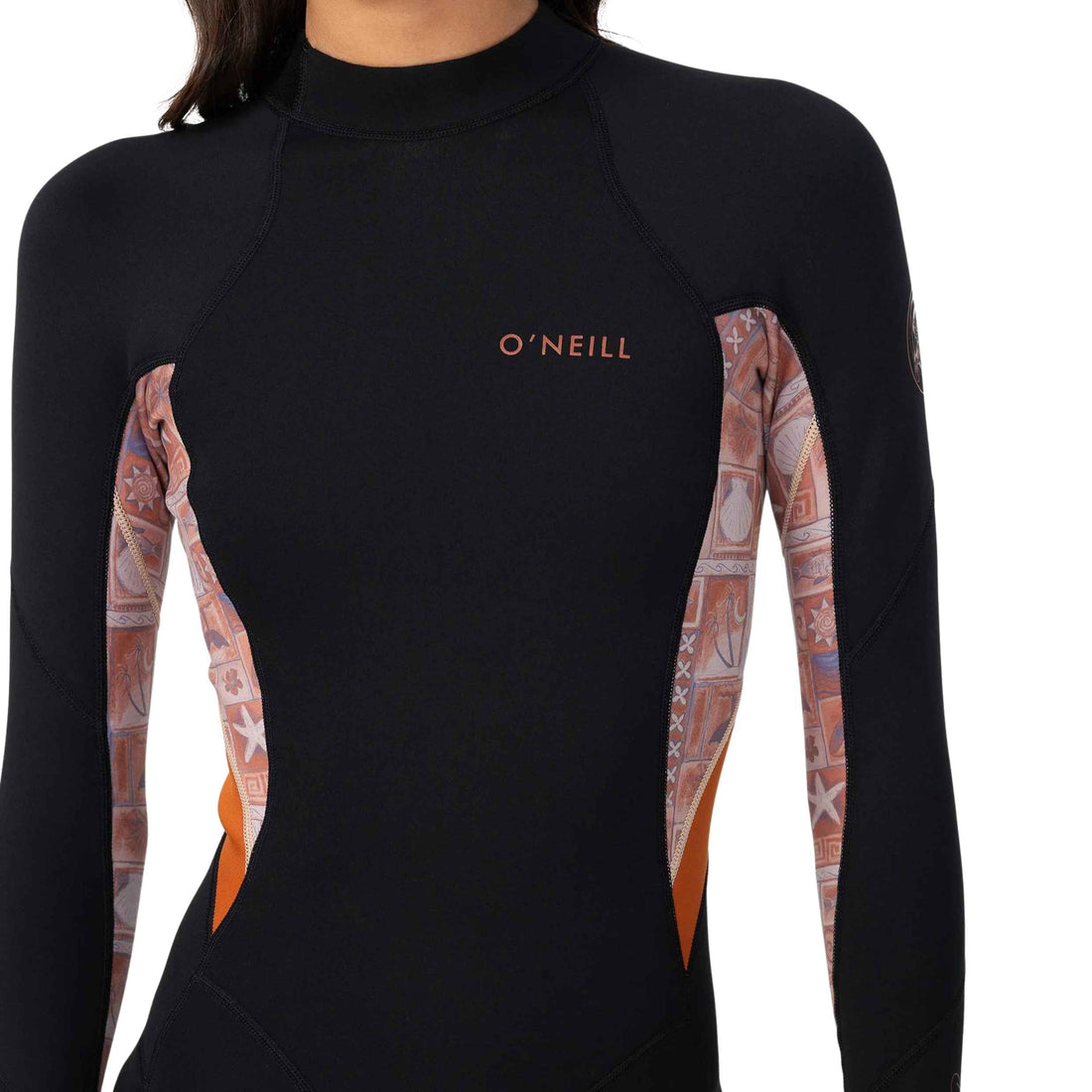 O'Neill Women's Bahia 2mm Long Sleeve Mid Spring in Tangerine Tile with UltraFlex DS neoprene and recycled jersey, available at Freeride Surf & Skate NZ.