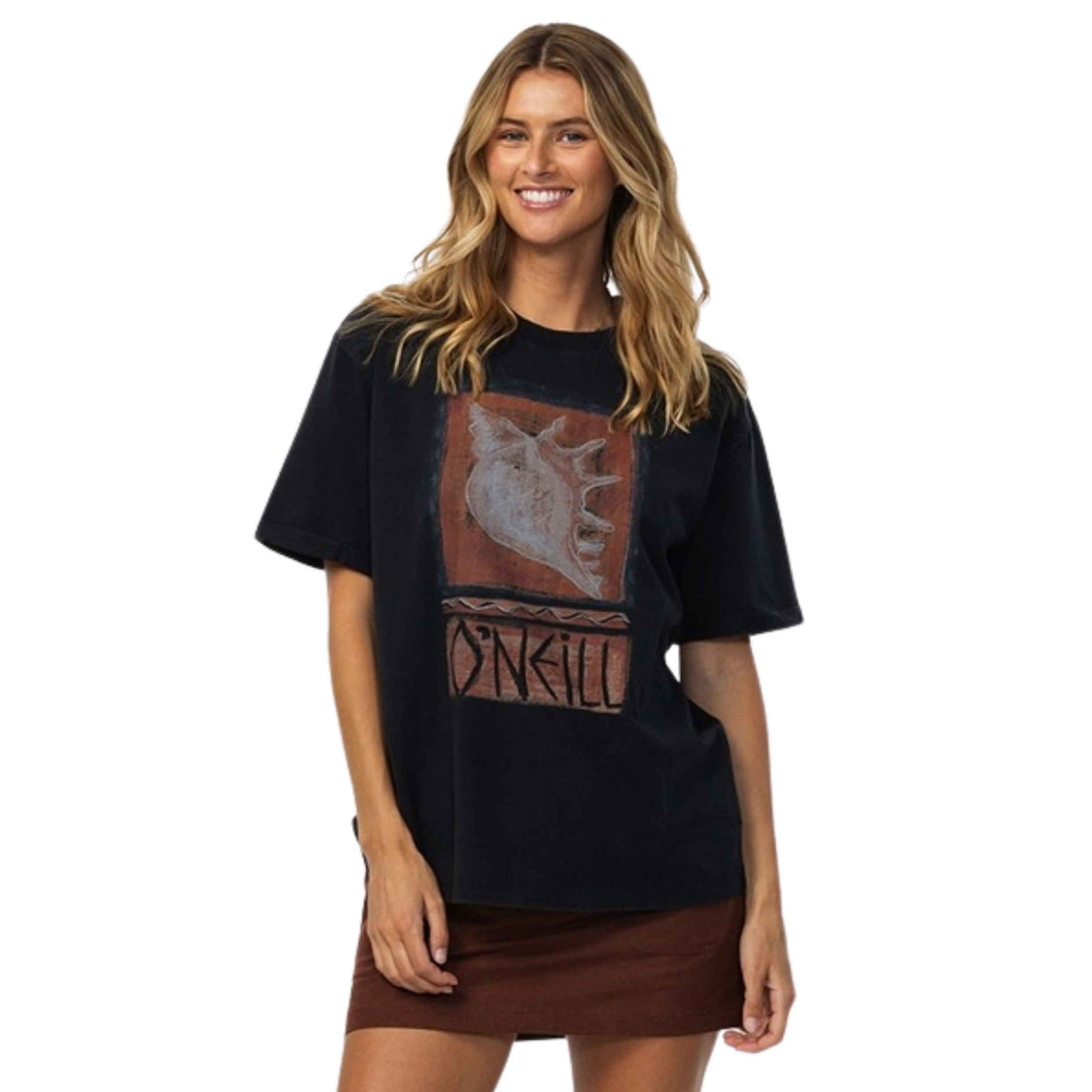 O'Neill Women's Bahia Tangerine Tee in Black with an oversized fit and screen-printed artwork, available at Freeride Surf & Skate NZ.