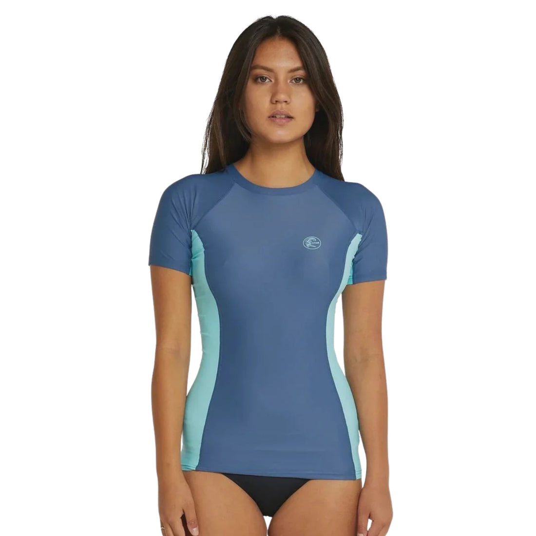 O’Neill Womens Classic long sleeve UV rash vest in Navy Aqua — slim fit UPF 50+ rashie made with recycled polyamide elastane stretch fabric, available at Freeride Surf & Skate NZ.