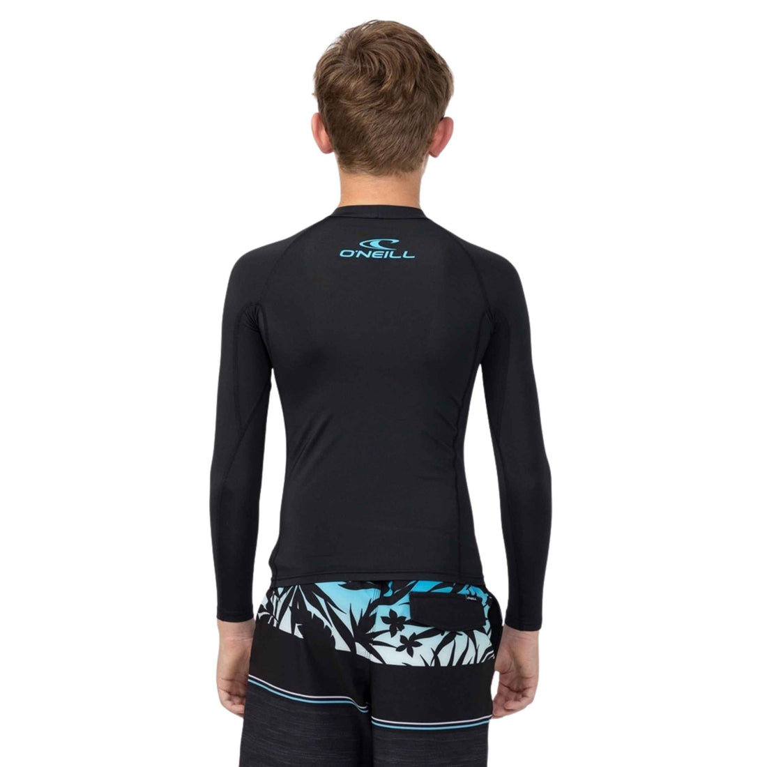 O'Neill Youth Clean & Mean Long Sleeve UV Rash Vest in Black featuring UPF 50+ sun protection, a tight fit and flatlock seams, available at Freeride Surf & Skate NZ.