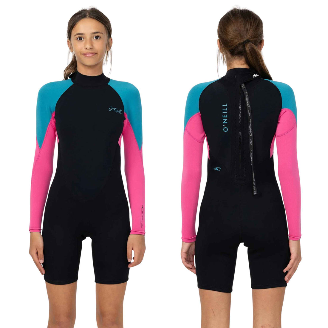 O'Neill Youth Girls Reactor 2 Back Zip 2mm Springsuit in Blue Curacao with stretch neoprene and seamless paddle zones, available at Freeride Surf & Skate NZ.