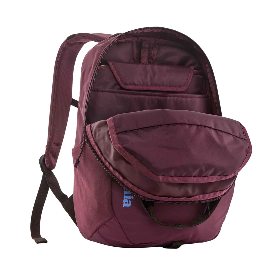 A maroon backpack with an open front pocket and top zippered compartment, shown on a plain white background. The brand name 'Patagonia' is visible in blue on the lower left front pocket.