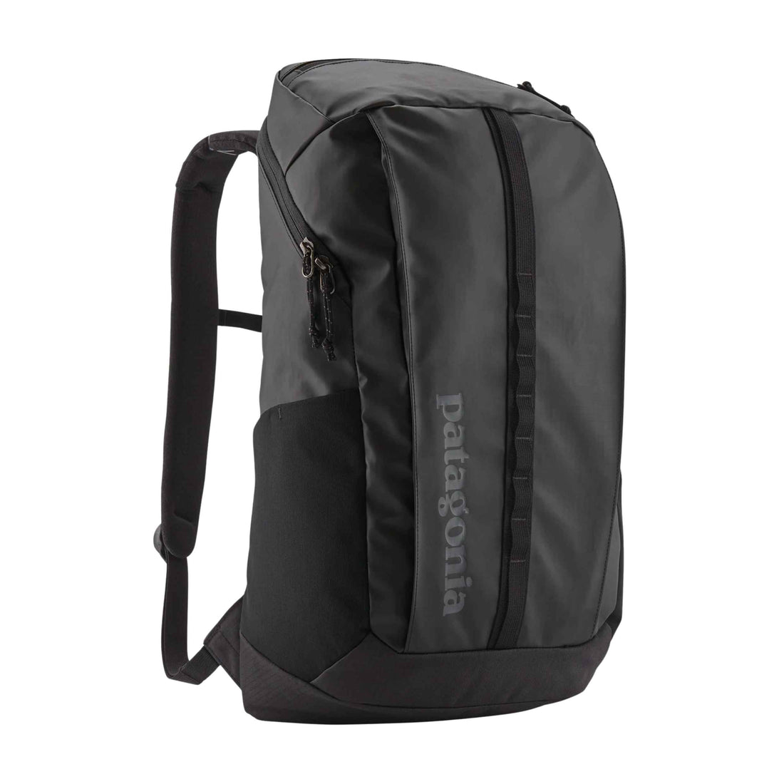 Patagonia Black Hole Pack 25L in Black with weather-resistant recycled fabric and front storage pocket.