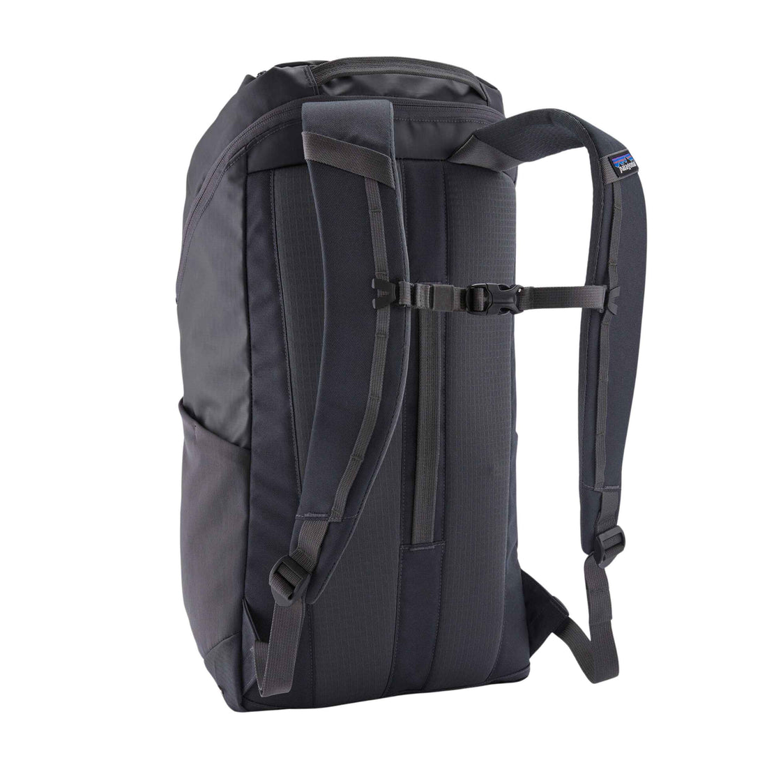 Patagonia Black Hole Pack 25L in Smolder Blue Forge Grey with weather-resistant recycled fabric and front storage pocket.
