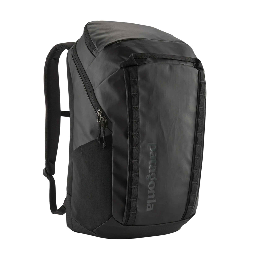 Patagonia Black Hole Pack 32L in Black with weather-resistant recycled fabric and front storage pockets.