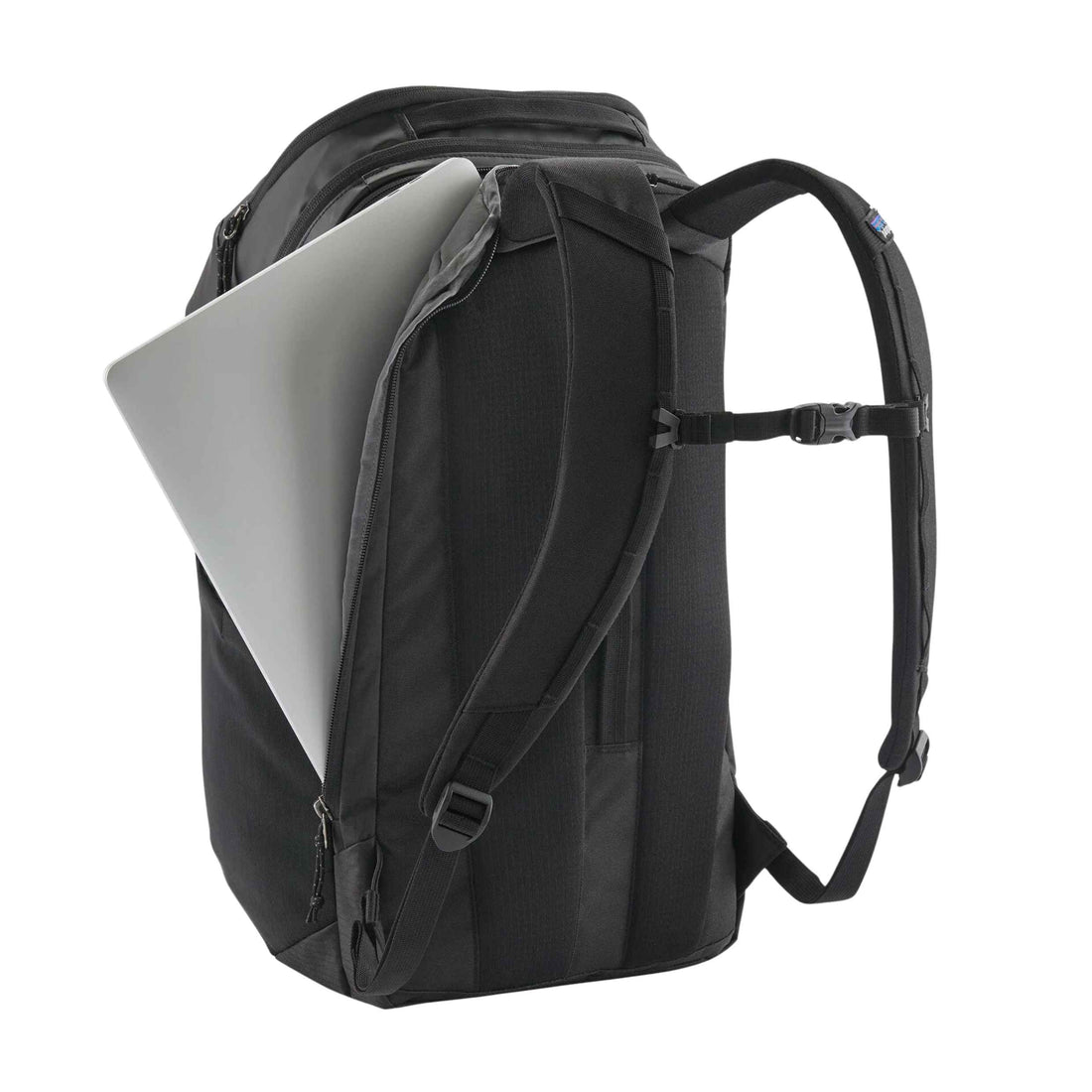 Patagonia Black Hole Pack 32L in Black with weather-resistant recycled fabric and front storage pockets.