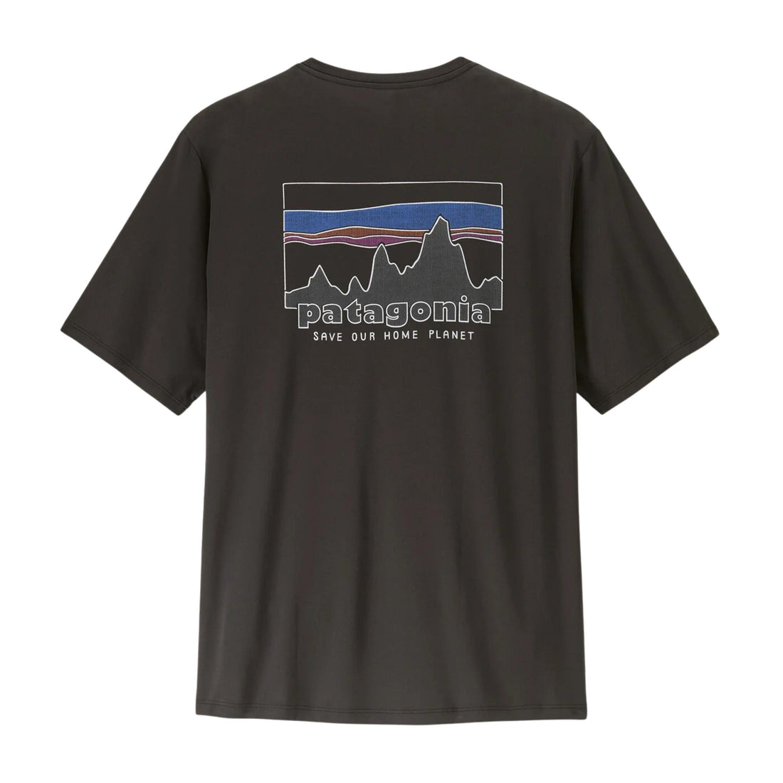 Patagonia Capilene Cool Daily Shirt 73 Skyline in black moisture wicking recycled polyester tee available at Freeride Surf & Skate NZ.