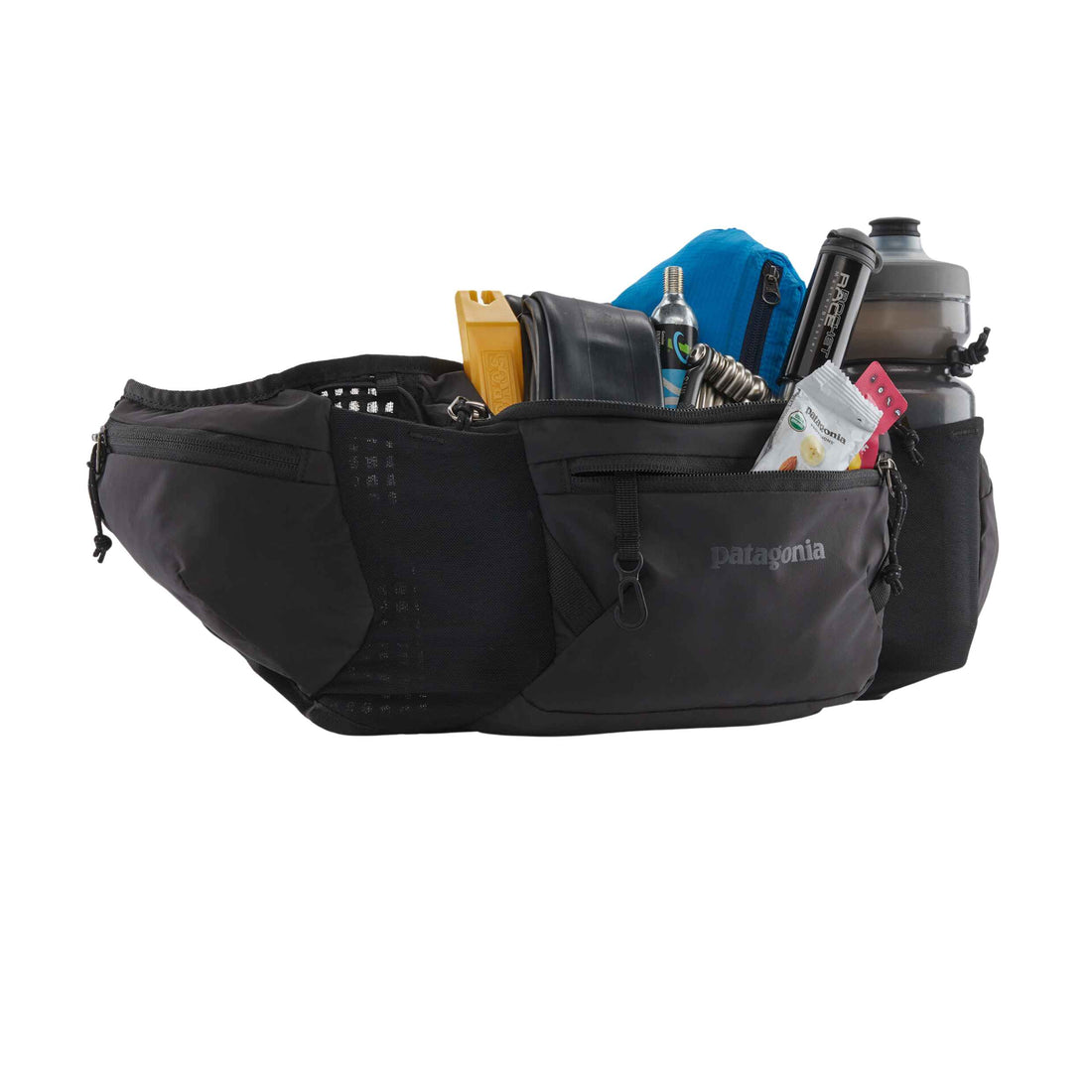 Patagonia Dirt Roamer Waist Pack in Black with 3-litre storage, Regulator airmesh and dual water-bottle holders, available at Freeride Surf & Skate NZ.