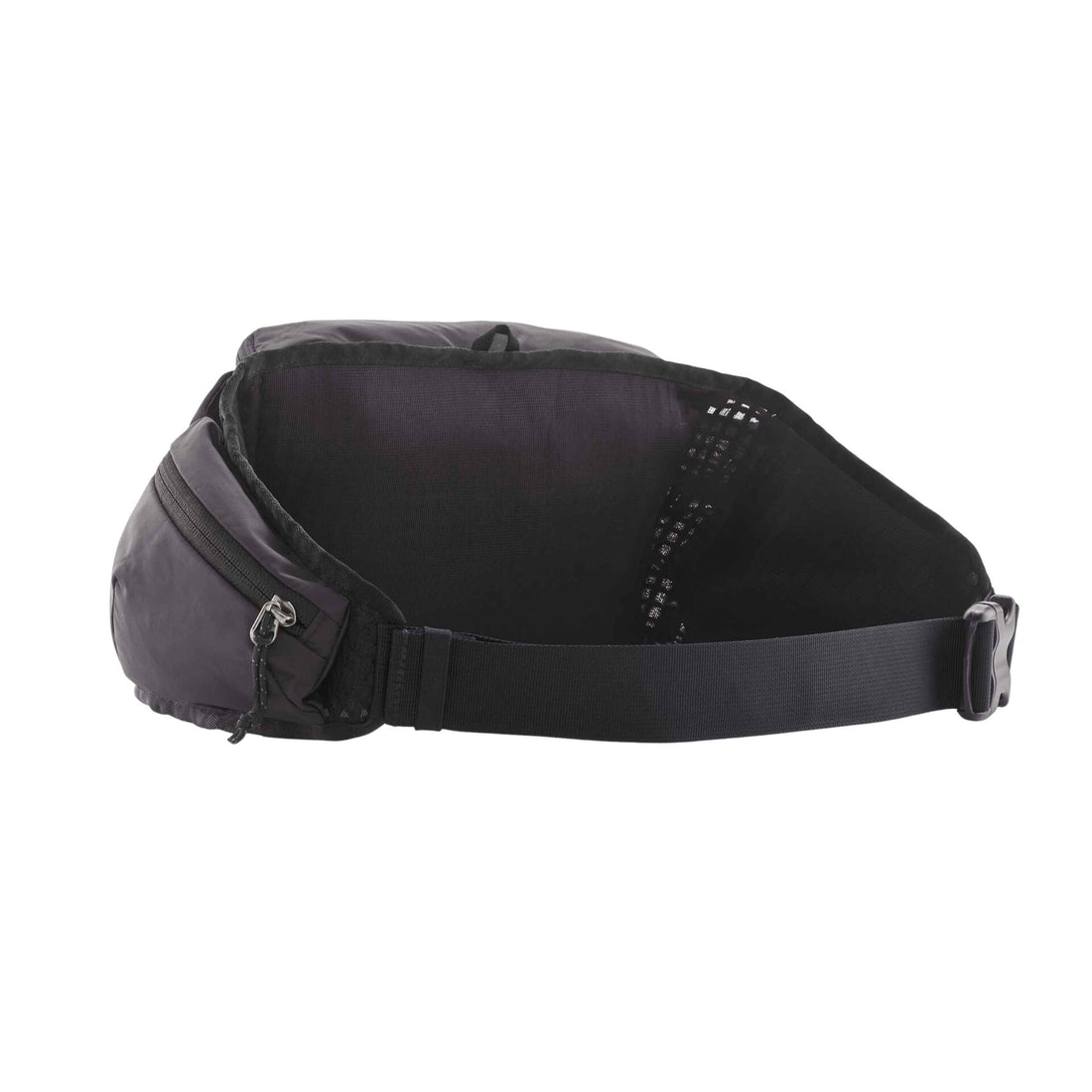 A black waist bag with an adjustable webbing strap and a zippered front pocket, shown from a side profile view on a white background.