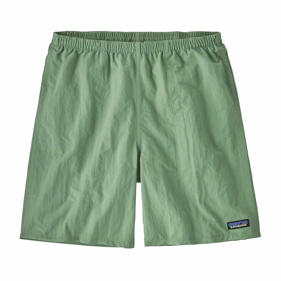 Patagonia Men's Baggies Longs 7" shorts in Ellwood Green with elastic drawcord waist and side pockets.