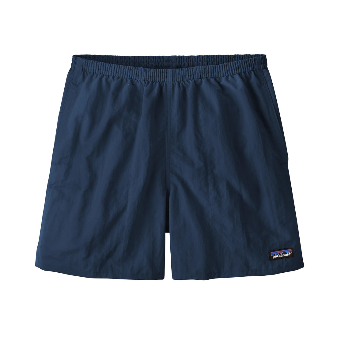 Navy blue Patagonia men's baggie shorts with a visible logo on the left leg. Patagonia Men's Baggies Shorts 5" in Tidepool Blue with elastic drawcord waist and short-length fit.