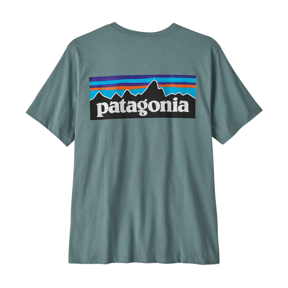Patagonia Men's P-6 Logo T-Shirt in Blue Sage made from 100% organic cotton with classic P-6 graphic, available at Freeride Surf & Skate NZ.