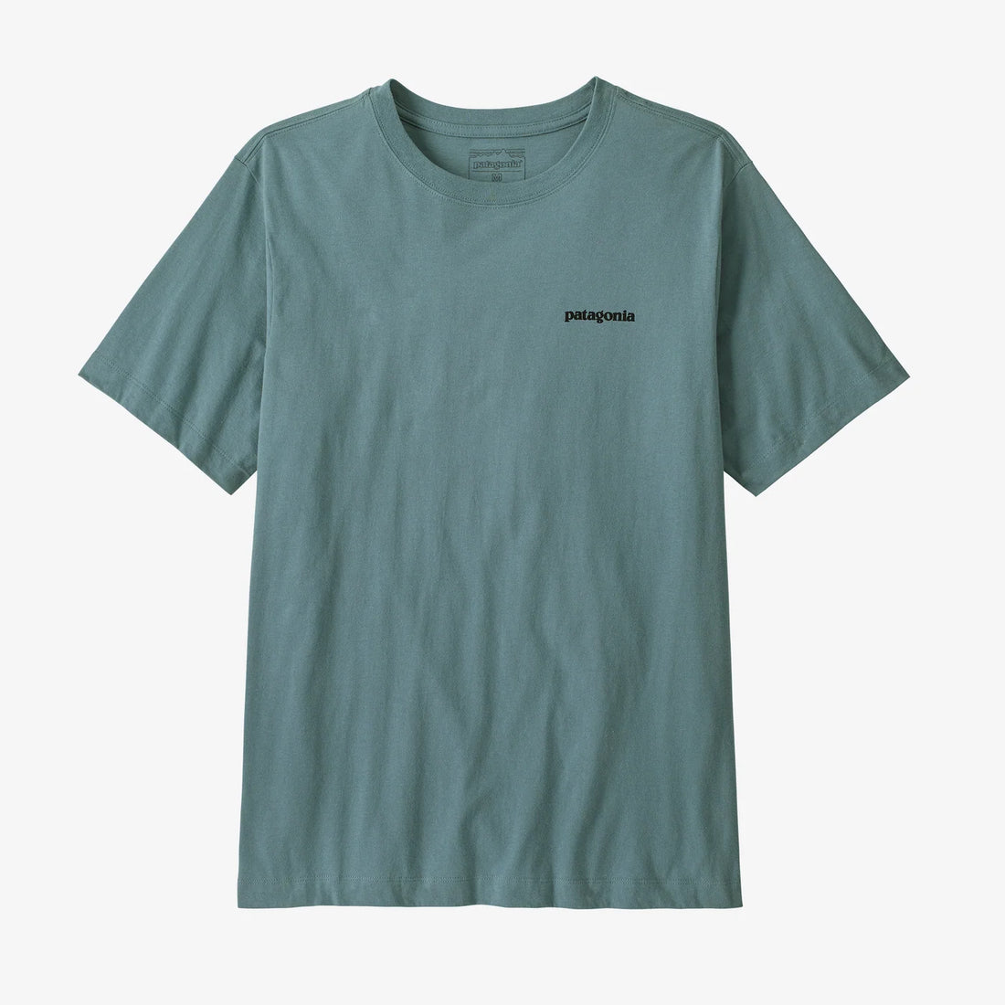 A muted teal-green Patagonia short-sleeve crewneck t-shirt with the brand name printed in black on the left chest, displayed flat against a light off-white background.