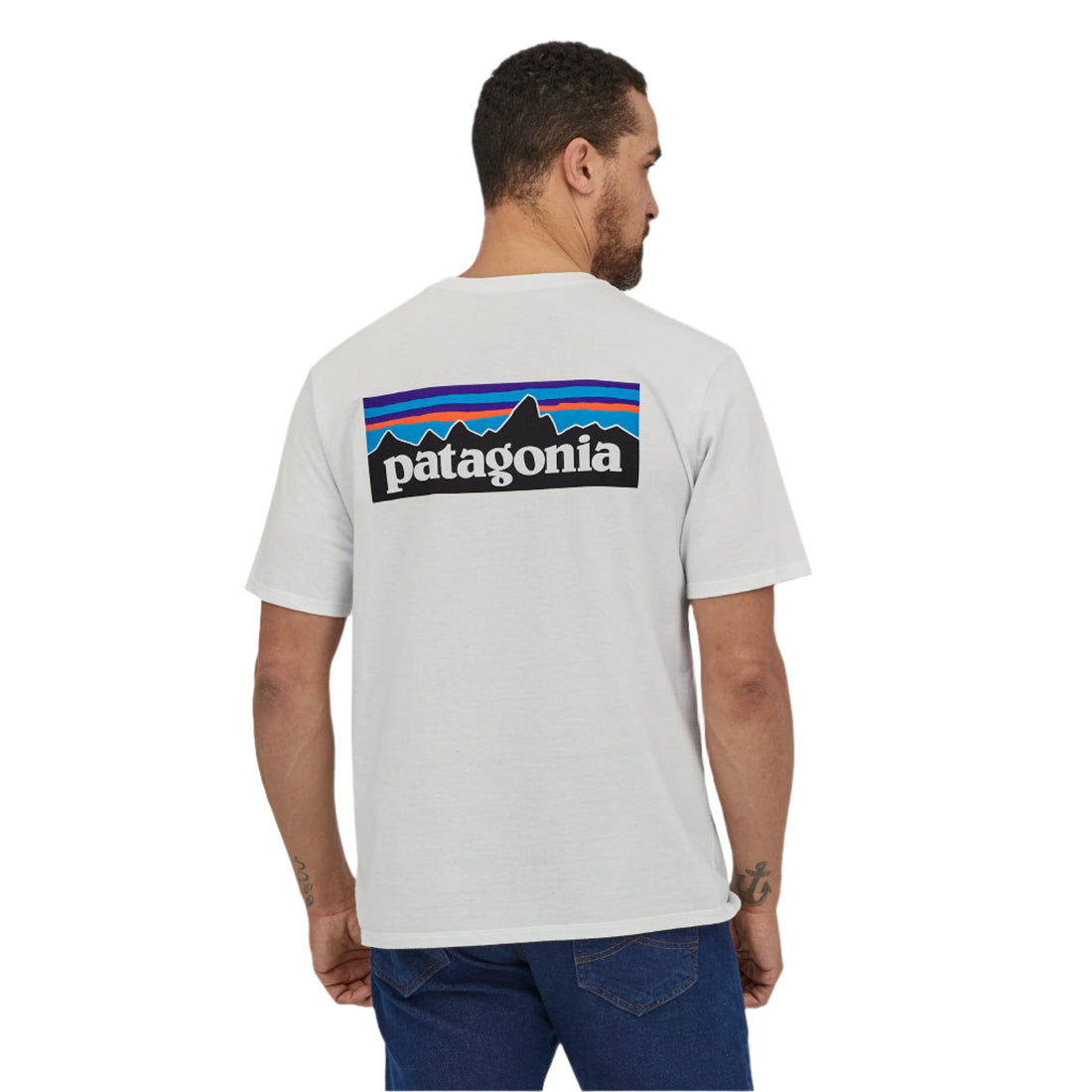 Patagonia Men's P-6 Logo Responsibili-Tee in White available at Freeride Surf & Skate NZ.