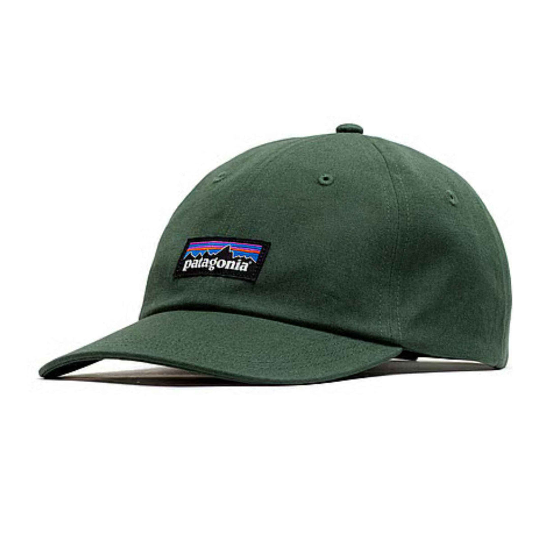 Patagonia P-6 Label Trad Cap in Canopy Green with curved brim and woven P-6 label, available at Freeride Surf & Skate NZ.