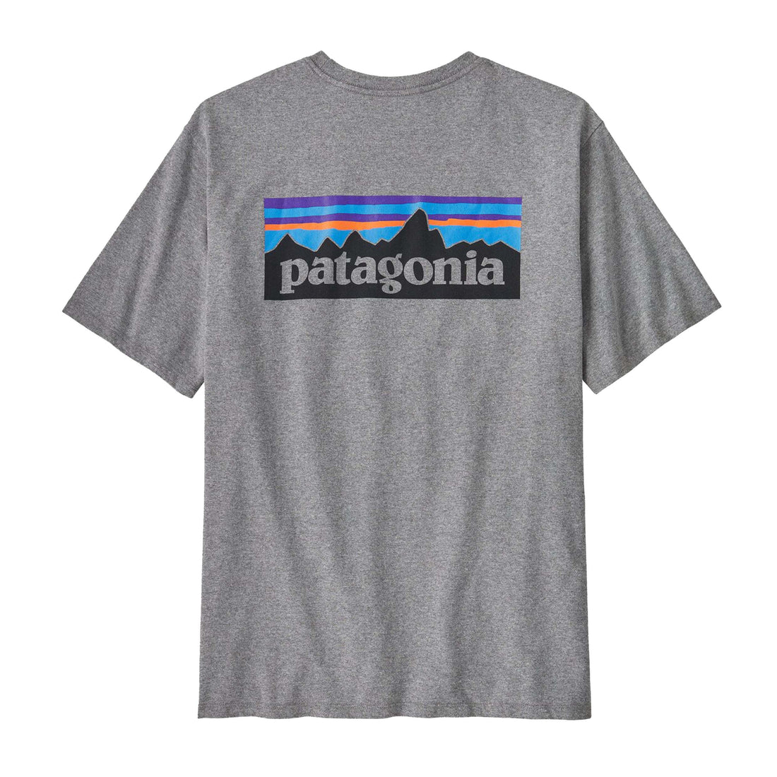 Patagonia P-6 Logo Responsibili-Tee Gravel Heather back view showing large P-6 logo print, NZ.