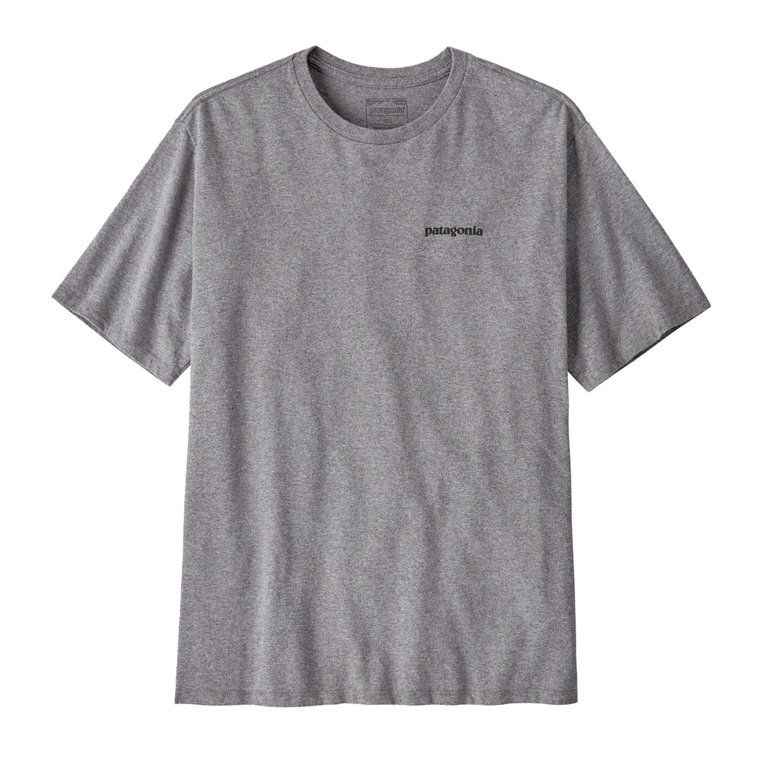 Patagonia P-6 Logo Responsibili-Tee in Gravel Heather front view with chest logo print, NZ.
