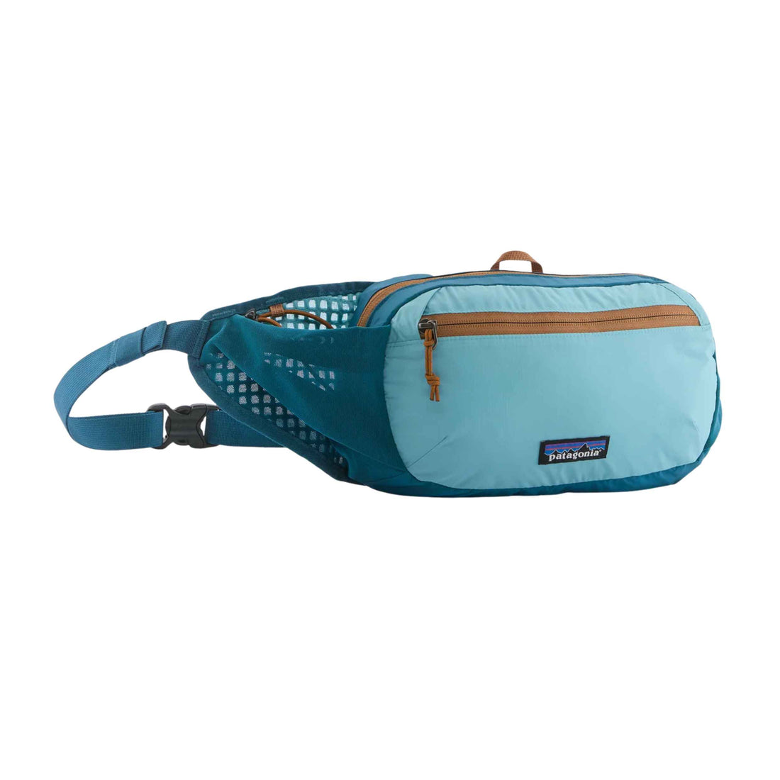 Patagonia Terravia Hip Pack in Glacial Blue with side bottle pockets and adjustable waist strap, available at Freeride Surf & Skate NZ.