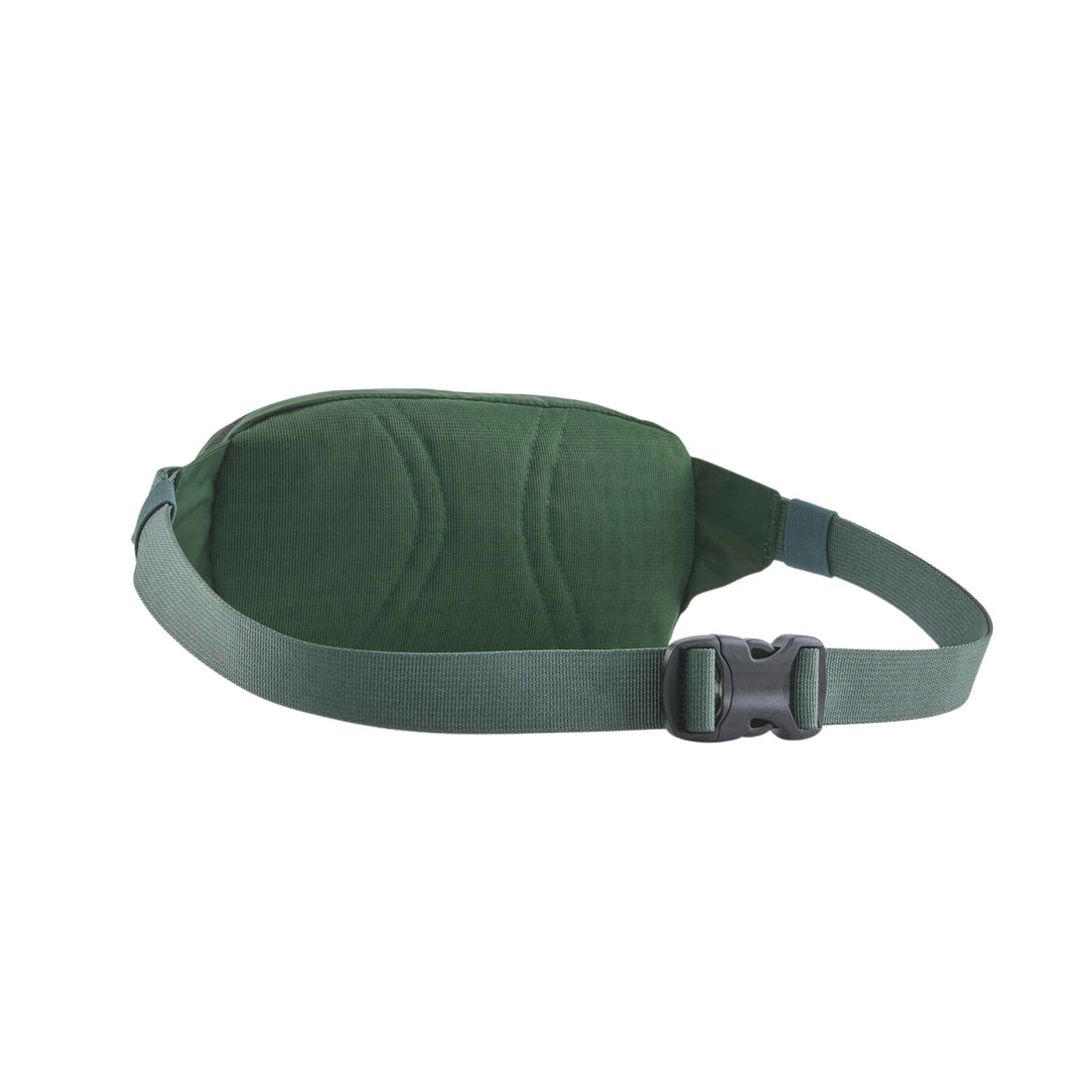 A dark green waist bag with a matching adjustable webbing strap and a black plastic buckle, shown against a plain white background.