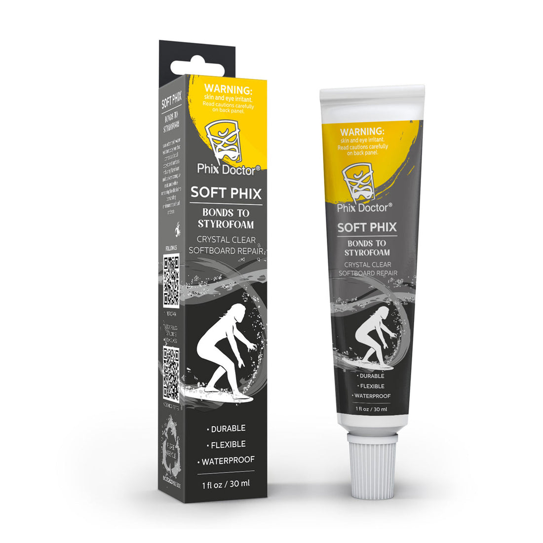 Introducing our NEW Softboard Repair Kit – Soft Phix

* Soft Phix bonds to styrofoam (EPS), EVA, HDPE, Rubber, Wood, Metal, and much more!
* Crystal Clear Softboard repair.