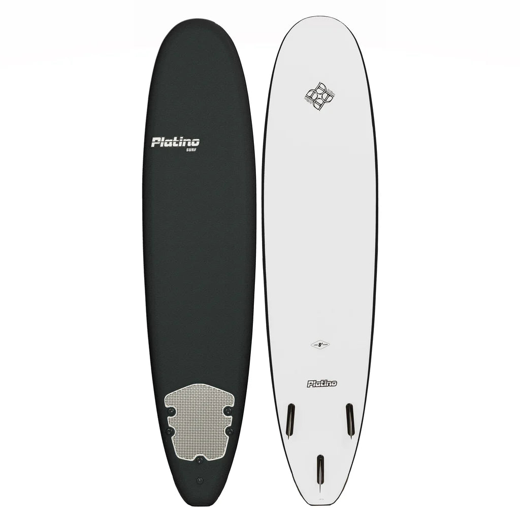 Platino 8 foot soft top surfboard in black and white with fins and traction pad, available at Freeride Surf & Skate NZ.