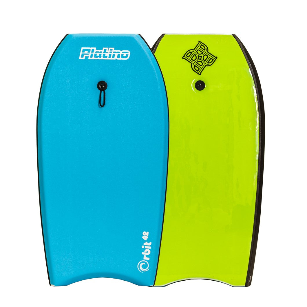 Platino Orbit 39 Inch bodyboard in Azure Blue Lime colourway with leash available online or instore at Freeride Surf Skate, Auckland. Shop Platino bodyboards and softboard