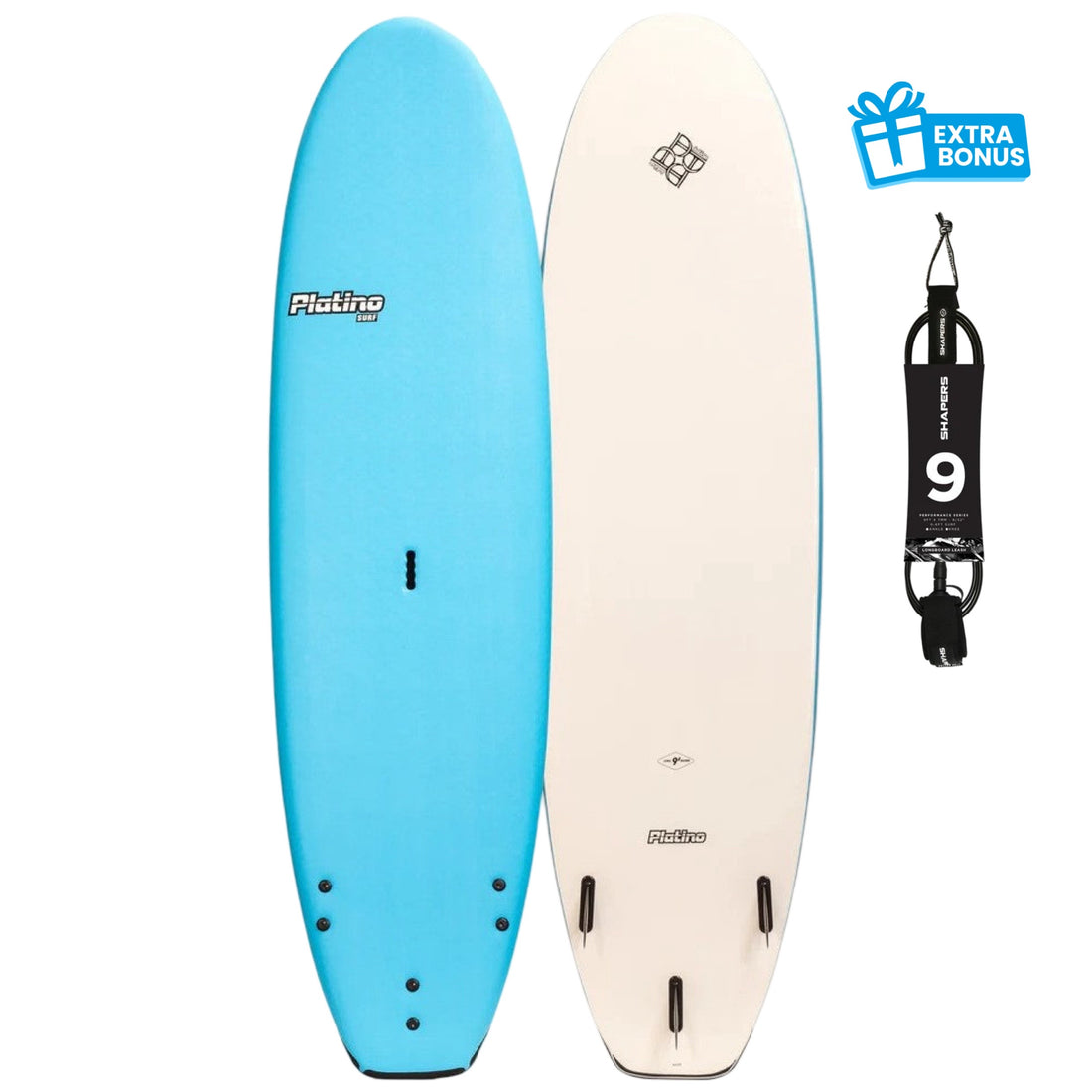 The Platino Softboard SSR model has a wider tail Block, is a wider and thicker board than the standard Platino HDPE Model.
The other features are that it has a thicker deck skin, and a reinforced PE Core moulded between the deck skin and the board's EPS core. In short this board can take more punishment and the increased volume and width will give more stability to learner and bigger surfers. get up on a Platino SSR is the easiest way to learn to surf.
