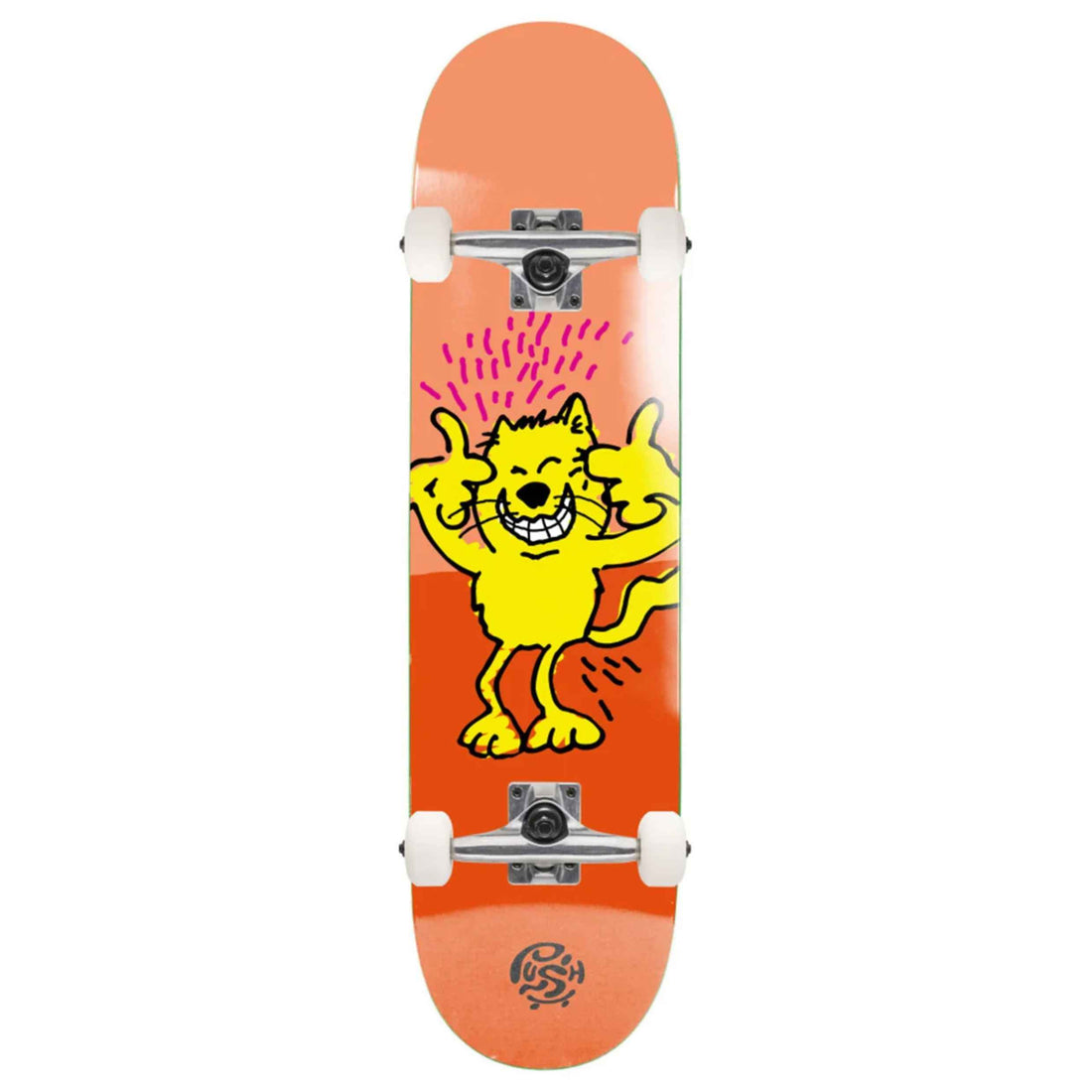 Push Chaos Kat 8.0" complete skateboard with bright yellow cat graphic and orange and peach deck artwork.