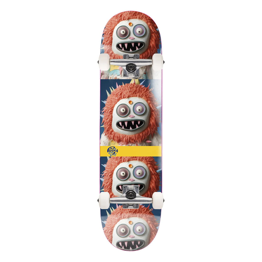 Push Frosty Complete Skateboard 6.5 Red Blue beginner kids skateboard with 7-ply maple deck and ABEC 7 bearings. orange salmon monster face