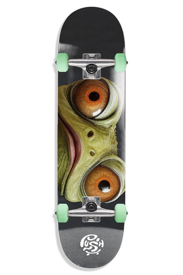 Push Green Gecko Eyes Skateboard Complete 7.0 — 100% maple beginner skateboard with ABEC 7 bearings and Canon trucks Orange Eyes Black Deck