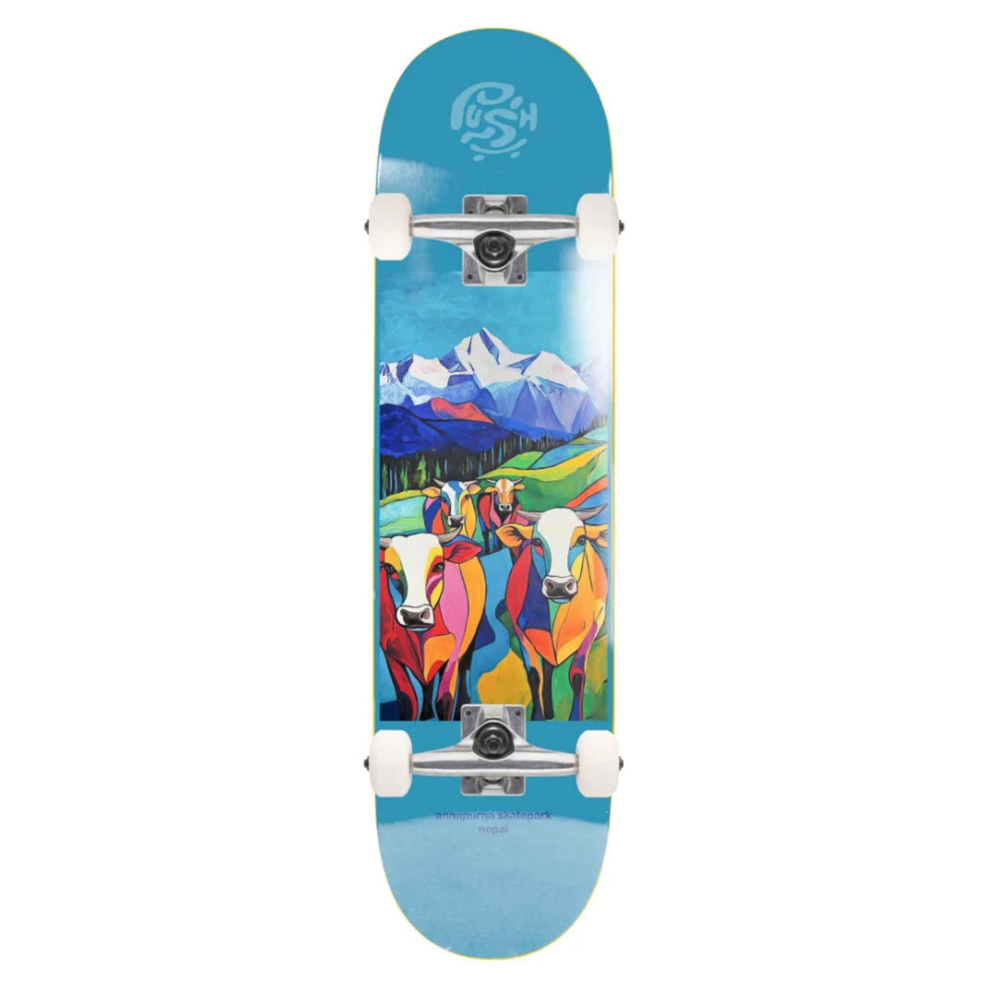 Push Nepal MLSL 7.75" complete skateboard with Nepal deck graphic, polished trucks and 52mm wheels.