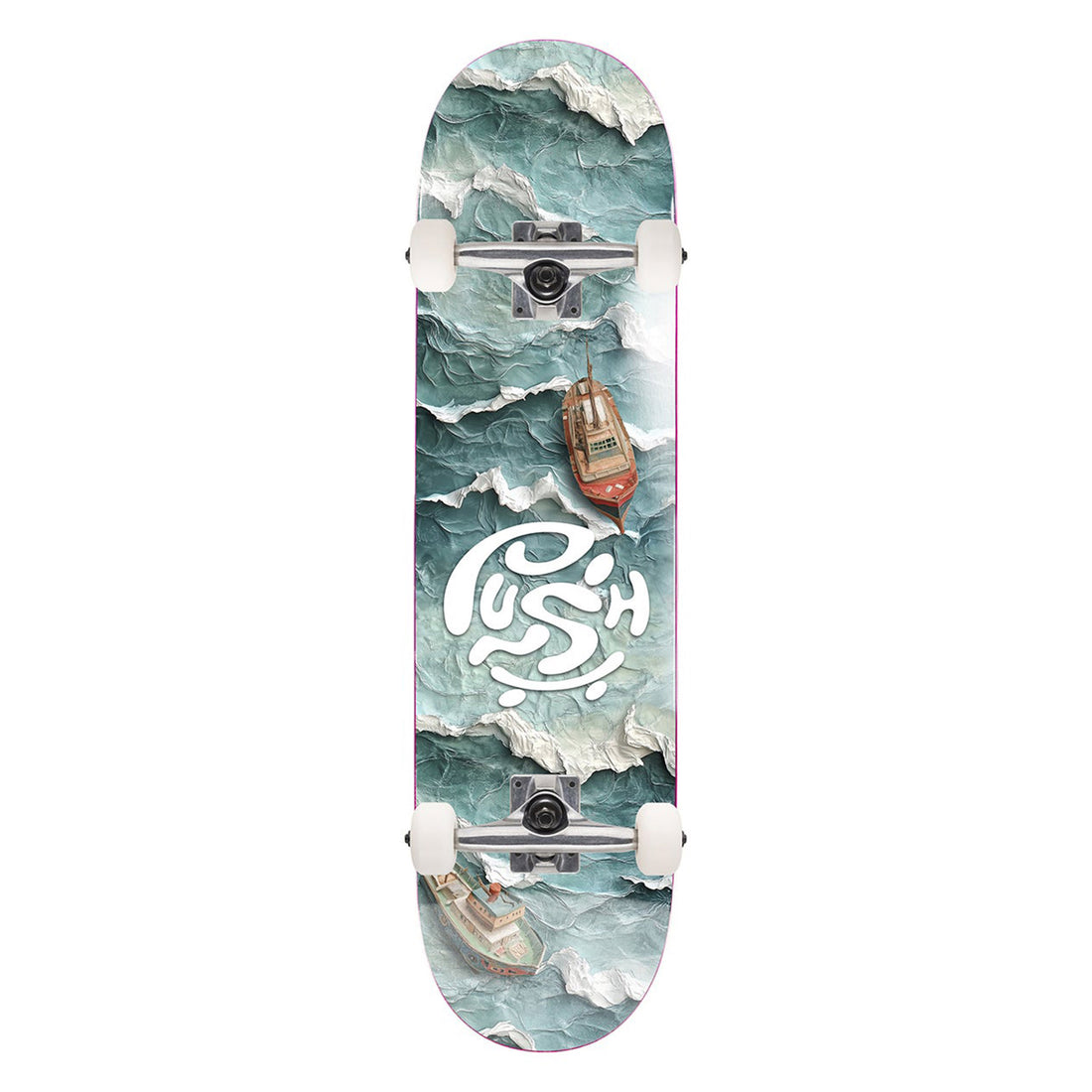 Push Skateboard complete with Ocean Blue Graphics 7.0 Size, White wheels silver truckers. Pre-assembled skateboard for beginners. Freeride Surf & Skate NZ 