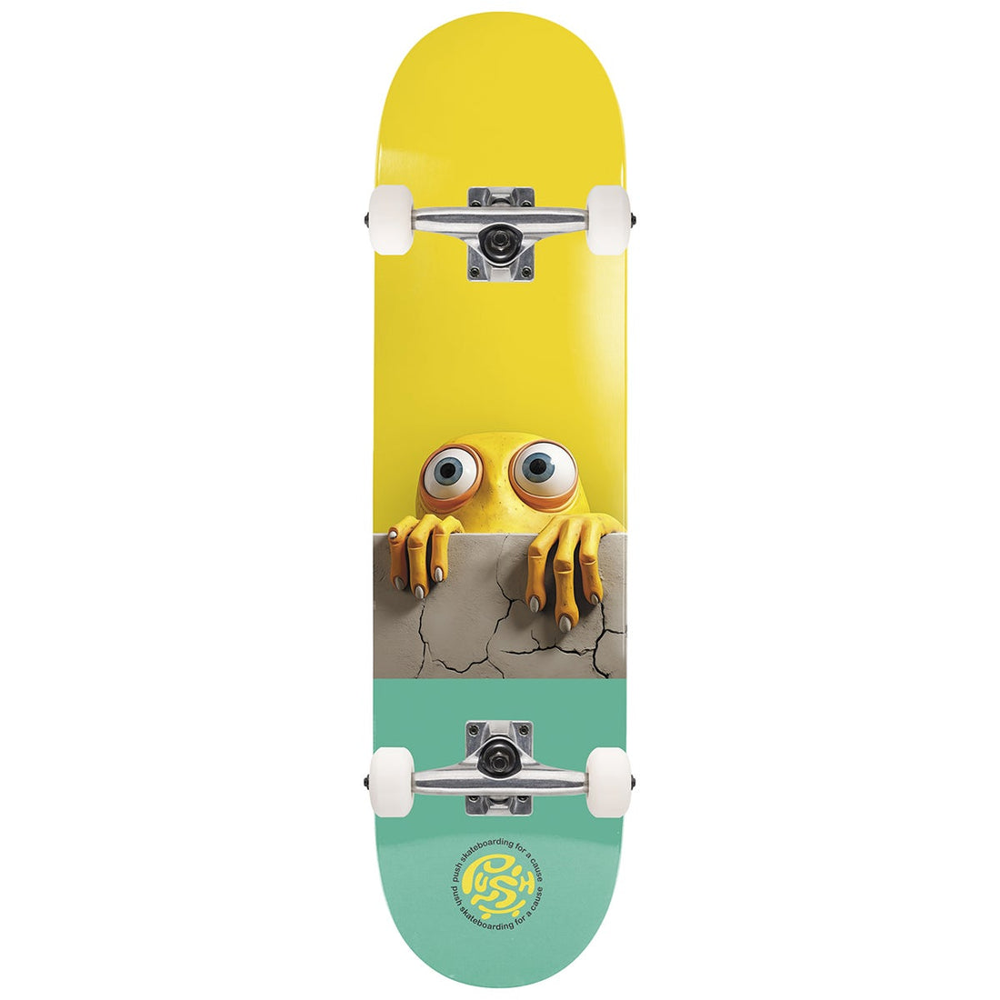 Push Peek Over First Push Complete Skateboard 7.0 beginner skateboard with 100% maple deck, 51mm 95a wheels, and Canon trucks. Yellow graphic alien eyes teal bottom half.