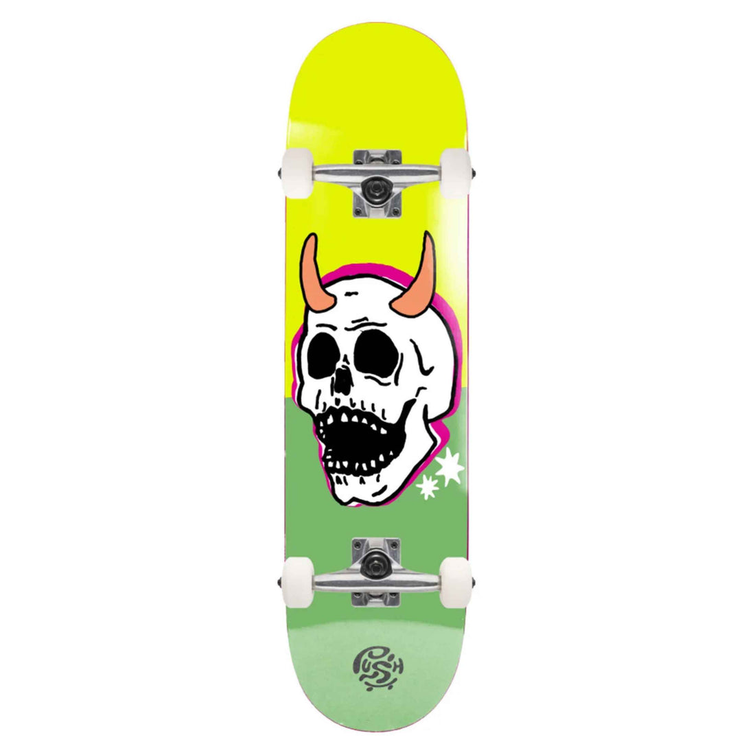 Push Skull Horn 8.0" complete skateboard with yellow and green horned skull deck graphic.