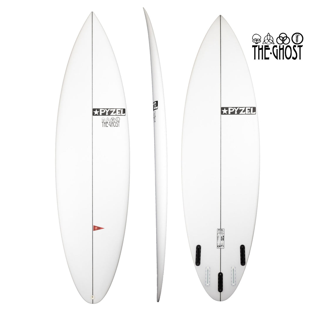 Pyzel Ghost surfboard pulled-in tail and refined rails for hold and control. The world's most reliable surfboard model for good to bigger wave surfing. Pick up Pyzel surfboards in store from Freeride Surf, Auckland. Safe insured surfboard shipping.