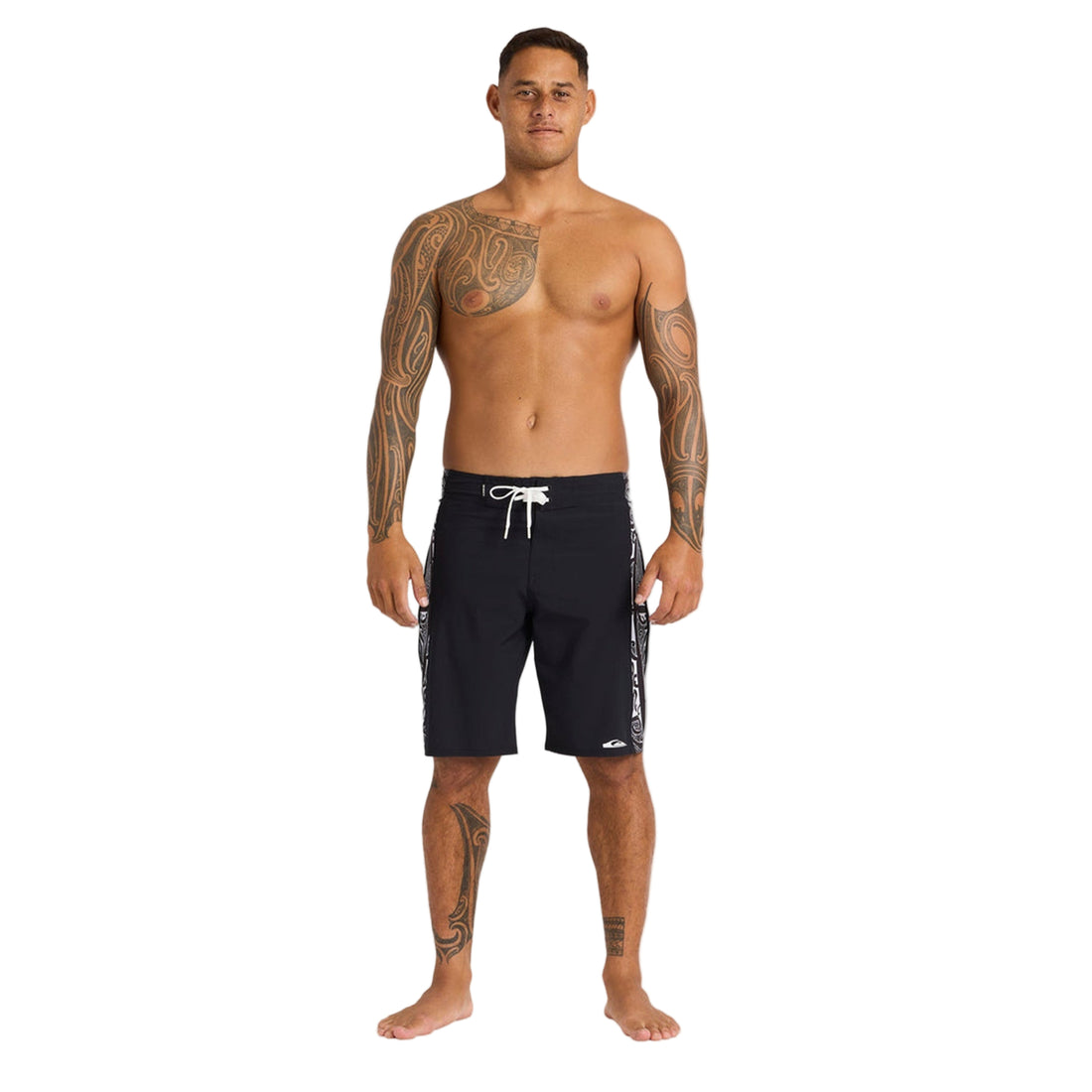 Quiksilver Kehu Butler Mangotu Boardshort Black — sustainable surf shorts with quick-dry fabric and Māori inspired design, shop Freeride Surf & Skate NZ