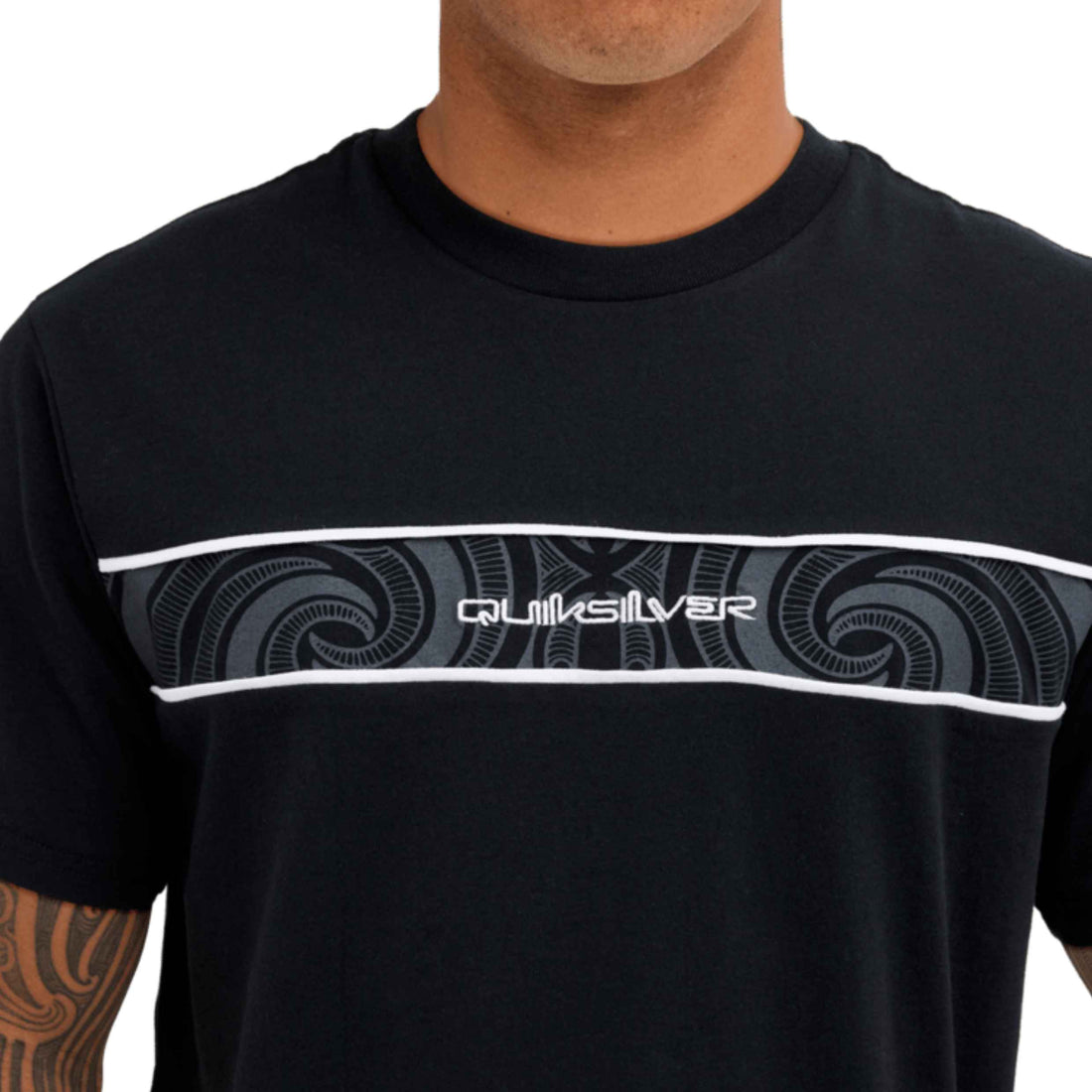 Quiksilver Kehu Butler Takarangi Panel Tee in Black featuring Māori-inspired artwork, soft-hand screen print and regular fit, available at Freeride Surf & Skate NZ.