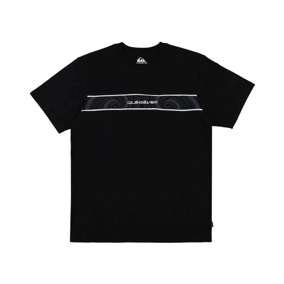 Quiksilver Kehu Butler Takarangi Panel Tee in Black featuring Māori-inspired artwork, soft-hand screen print and regular fit, available at Freeride Surf & Skate NZ.
