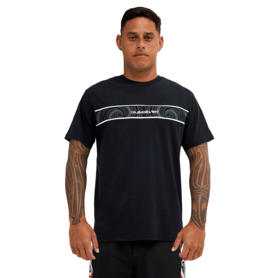 Quiksilver Kehu Butler Takarangi Panel Tee in Black featuring Māori-inspired artwork, soft-hand screen print and regular fit, available at Freeride Surf & Skate NZ.