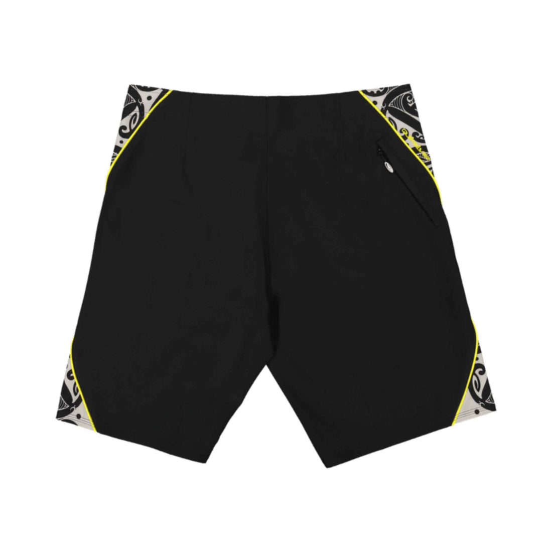 Black athletic shorts with a black, white, and yellow Maori tribal patterned trim at the waistband and side seams, shown flat on a white background.