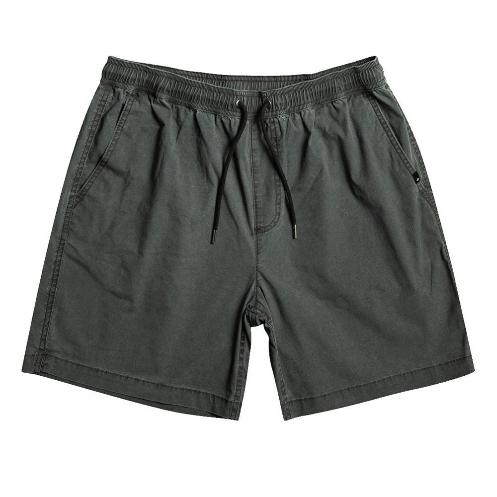 A pair of black Quiksilver Taxer elasticized boardshorts with side and back pockets, fixed waistband, and drawcord closure.