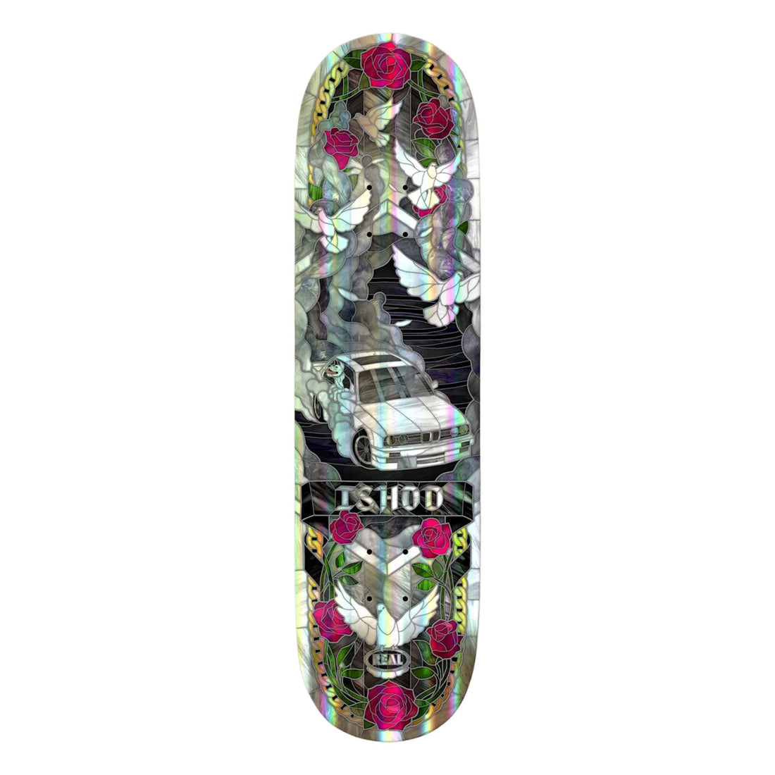 Real Ishod Wair Holographic Cathedral II Twin Tail 8.3-inch Skate Deck with stained-glass artwork, available at Freeride Surf & Skate NZ.