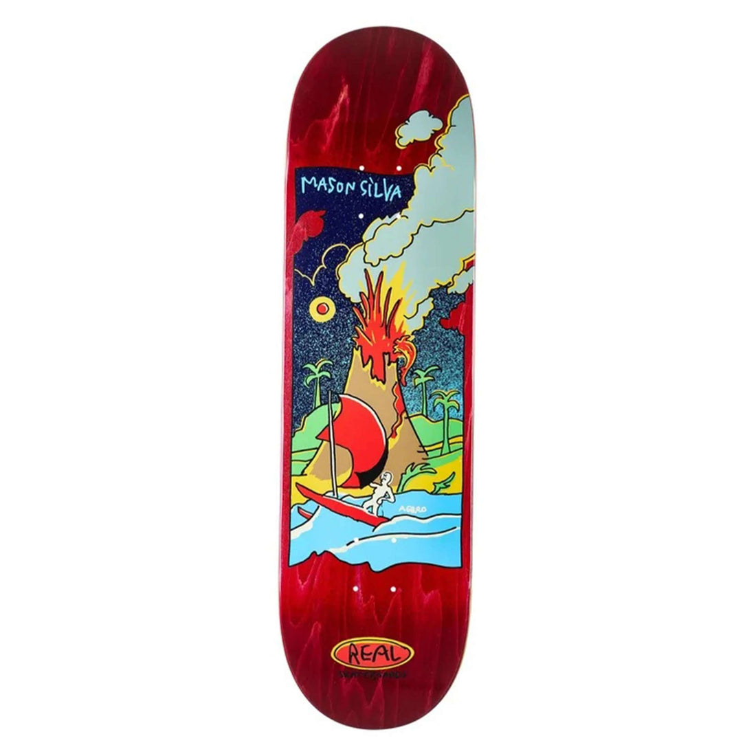 REAL Mason Volcano Skate Deck 8.38" — pro-model skateboard deck with Volcano graphic and 7-ply maple construction, available at Freeride Surf & Skate NZ.