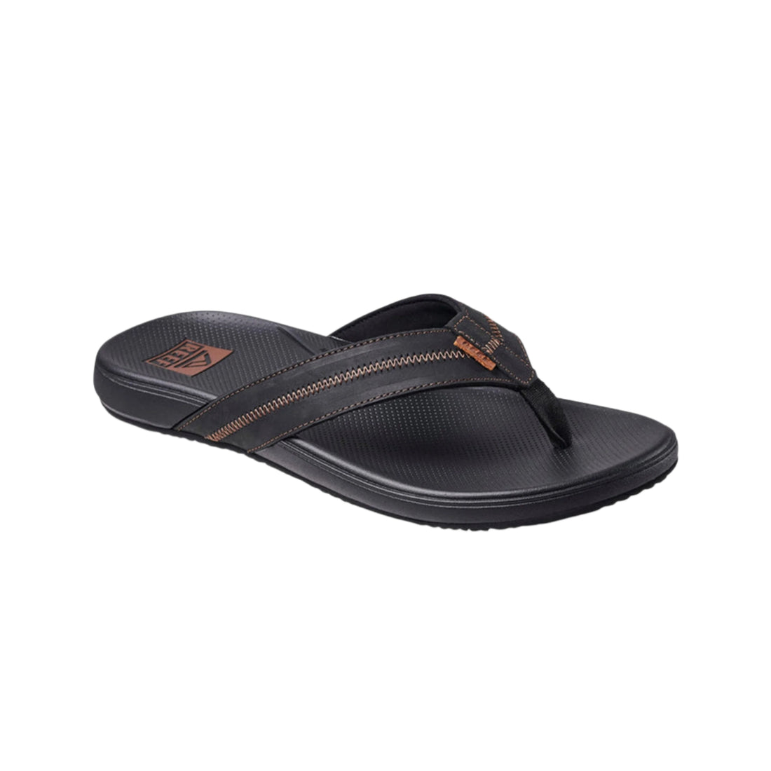 Black sandal with brown accents on a light gray background. Reef Cushion Phantom LE 2.0 Jandal in Black Coffee available at Freeride Surf & Skate NZ.