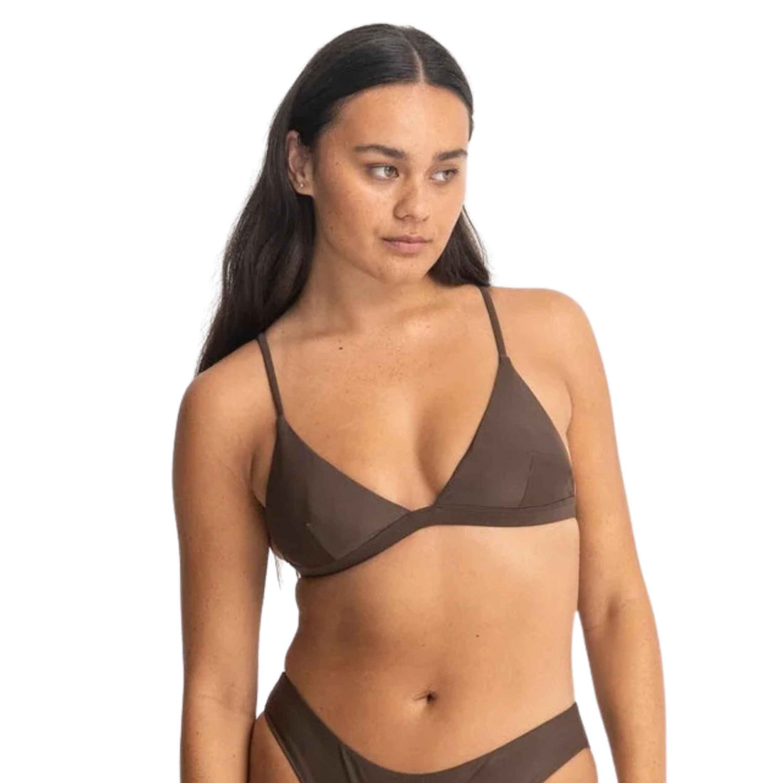 Rhythm Classic Bralette Bikini Top in Chocolate with fixed triangle cups and adjustable straps, available at Freeride Surf & Skate NZ.